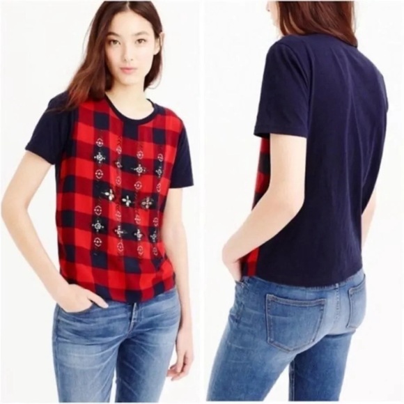 J.Crew Embellished Tartan Buffalo Plaid T-Shirt size XXS - Picture 1 of 8